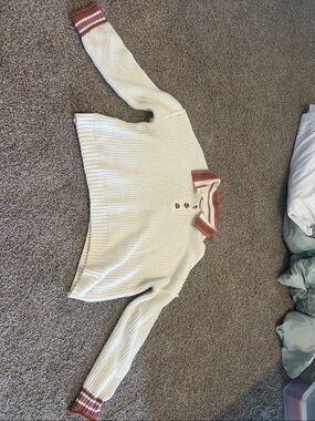 SO Cream Knit Polo Sweater with Rose Trim